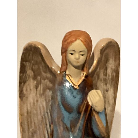 Hand-Painted Ceramic Angel Figurine With Blue Dress & Golden Accents - Picture 2 of 8